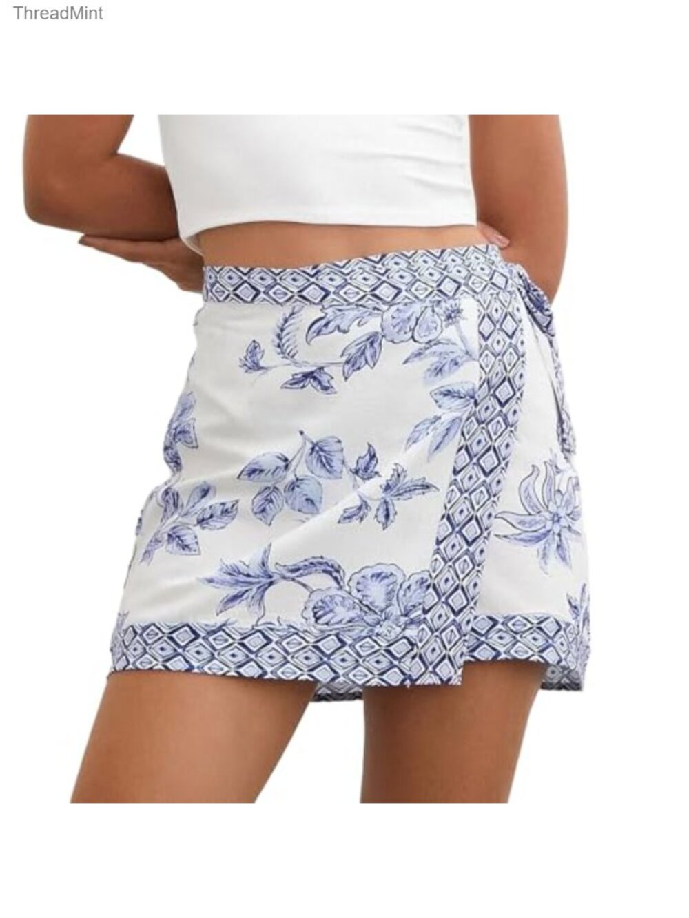 Floral Wrap Mini Skirt High Waist A-Line Summer Beach Skirt with Knot Side